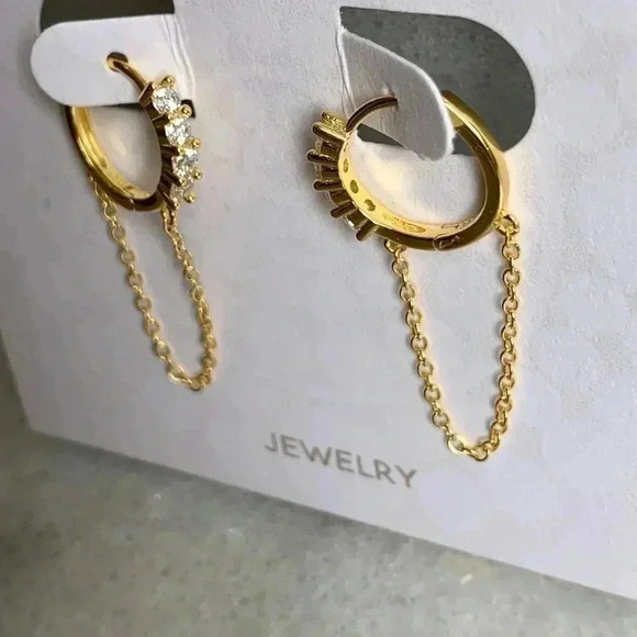 18K Gold Crystal Huggie Hoop Chain Earrings - Picture 2 of 3